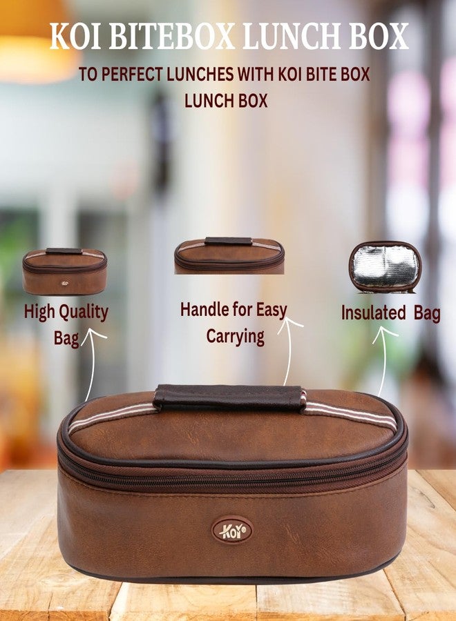 كوي طقم علبتي غداء أفقيتين من KOI Bitebox: مانعة للتسرب وآمنة للاستخدام في الميكروويف، تحتوي على حاويتين داخليتين من الفولاذ (450 مل)، وحقيبة قماشية معزولة لحفظ الوجبة كاملة، سهلة الحمل (بني ممبيس). - Image 4